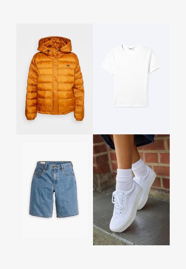 Chaqueta de abrigo naranja con capucha, hecha de material brillante y acolchado. Cuenta con cierre de botones a presión y un pequeño logo en el pecho.; Camiseta blanca lisa de manga corta con cuello redondo y una pequeña etiqueta "WEEKDAY" dentro del cuello, mostrada extendida sobre un fondo claro.; Shorts de mezclilla azul con un diseño clásico de cinco bolsillos, cremallera con cierre de botón y bordes deshilachados.; Zapatillas de lona blancas con suelas de goma, que presentan seis ojales, puntera redonda y detalles de costura ligera, combinadas con calcetines blancos hasta el tobillo.