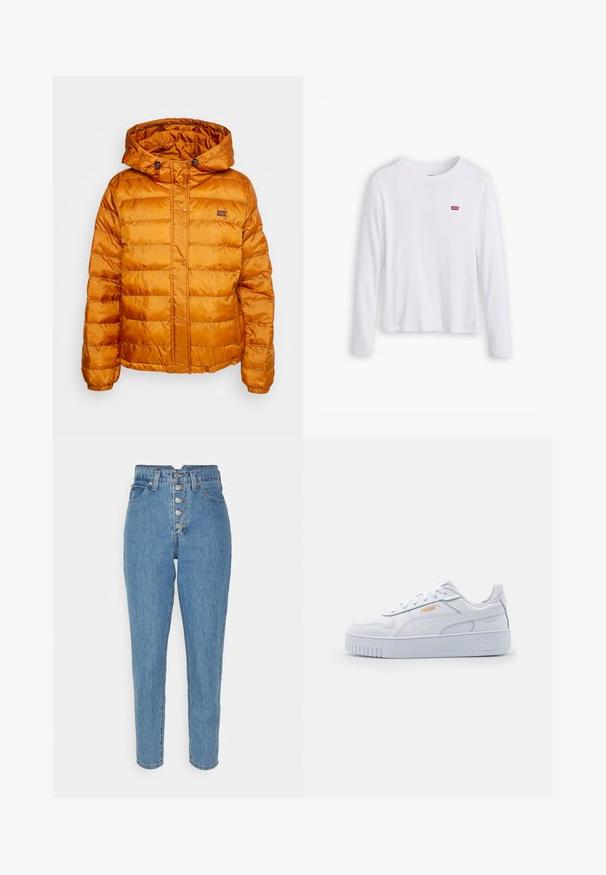 Orange pufferveste med hætte, fremstillet af skinnende, quiltet materiale. Har trykknaplukning og et lille logo på brystet.; Hvid langærmet skjorte lavet af blødt bomuld. Har et lille rødt Levi's logo på venstre bryst. Klassisk crew neck design.; Blå højtaljede denimjeans med lige ben, femknaps frontlukning og klassiske syninger.; Hvide lædersneakers med en kraftig sål, der har en glat overflade, minimalistisk design, side-striber og en lille logo detalje.