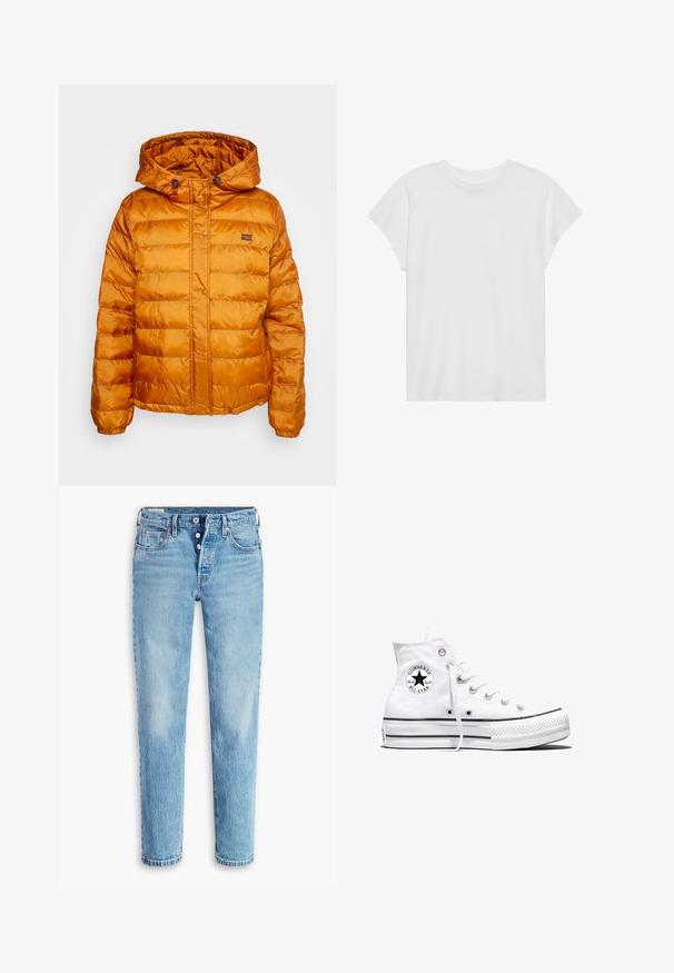 Orange pufferveste med hætte, fremstillet af skinnende, quiltet materiale. Har trykknaplukning og et lille logo på brystet.; Hvid kortærmet t-shirt med rund hals, afslappet pasform, lavet af blødt bomuldsstof. Glat tekstur, ingen mønstre eller logoer.; Lyseblå denimbukser med lige ben-design, fem lomme-styling og knaplukning. Har slidte områder og kærkomne folder for tekstur.; Hvid højtop Converse Chuck Taylor All Star-sneaker med sort logo-patch og hvide snørebånd, vist på hvid baggrund.