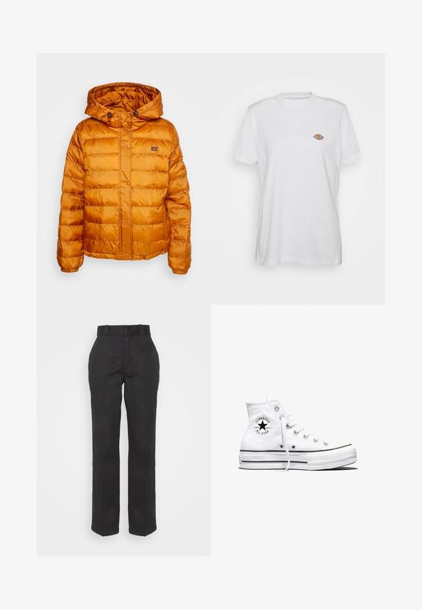 Chaqueta de abrigo naranja con capucha, hecha de material brillante y acolchado. Cuenta con cierre de botones a presión y un pequeño logo en el pecho.; Camiseta de algodón blanca con cuello redondo y mangas cortas, que presenta un pequeño logotipo colorido de "Diesel" bordado en el pecho.; Pantalones negros con una textura suave, diseño de pierna recta y cintura con cinturón. Presenta una silueta simple y clásica sin patrones adicionales.; Zapatilla blanca de caña alta Converse Chuck Taylor All Star con parche de logo negro y cordones blancos, presentada sobre fondo blanco.