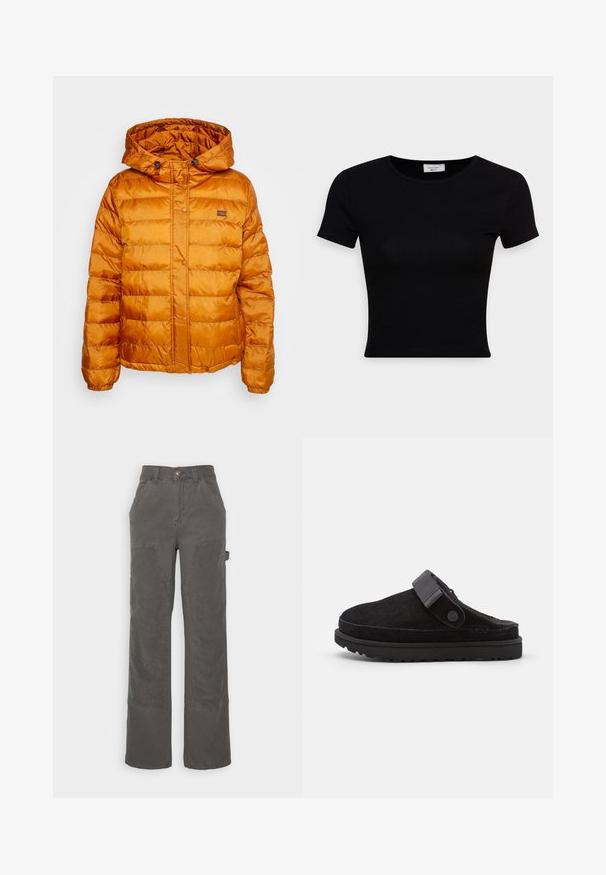 Chaqueta de abrigo naranja con capucha, hecha de material brillante y acolchado. Cuenta con cierre de botones a presión y un pequeño logo en el pecho.; Camiseta negra de manga corta hecha de una suave tela de algodón, con un escote redondo y un diseño ajustado. Minimalista, sin patrones visibles.; BDG Urban Outfitters PANEL CARPENTER - Pantalones cargo - charcoal; Zuecos negros de ante de tipo slip-on con punta redonda, textura suave, tira ajustable y suela de goma gruesa con dibujo para tracción.