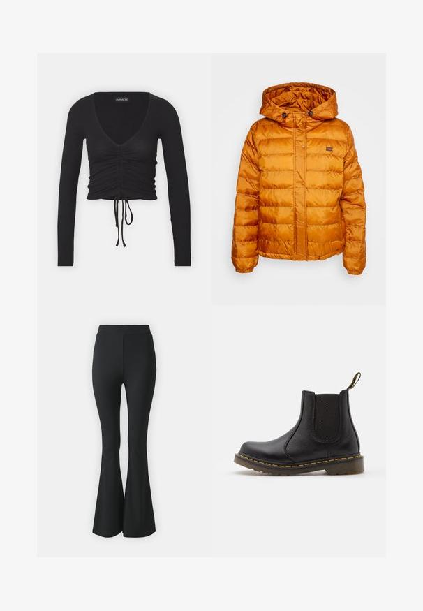 Chaqueta de abrigo naranja con capucha, hecha de material brillante y acolchado. Cuenta con cierre de botones a presión y un pequeño logo en el pecho.; Top corto de manga larga negro acanalado con un profundo escote en V, detalles fruncidos en la parte delantera y lazo ajustable en el dobladillo.; Pantalones acampanados negros hechos de tejido elástico. Presentan una cinturilla alta y un diseño ajustado y suave que se ensancha desde la rodilla hacia abajo.; Botín Chelsea de cuero negro con paneles laterales elásticos, punta redonda, costuras amarillas, suela de goma y una lengüeta en la parte trasera para facilitar el calzado.