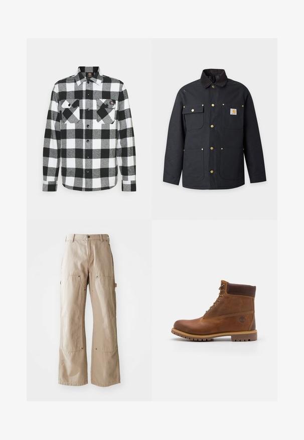 Veste noire boutonnée avec quatre poches avant, col marron, boutons-pression en laiton et un petit écusson logo Carhartt sur la poche supérieure droite.; Chemise en flanelle noir et blanc avec un motif à carreaux, présentant deux poches poitrine, un devant boutonné et un col. Tissu doux et texturé.; Pantalons larges beige en coton robuste. Comprend des poches avant et latérales, des coutures visibles et des accents en métal sur les poches.; Botte de randonnée en cuir marron avec une finition lisse, cheville rembourrée, œillets en métal et semelle en caoutchouc dotée d'un motif de crampons robuste.