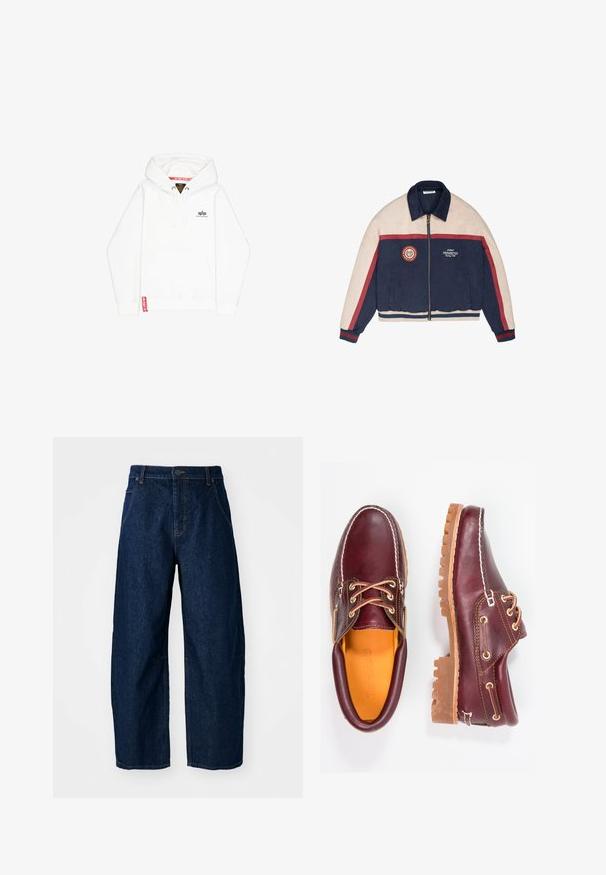 Veste à fermeture éclair bleu marine et beige avec des bandes rouges sur les manches, le col et la taille ; écussons sur la poitrine portant l'inscription « Prohibited Racing Club ».; Sweatshirt à capuche blanche avec une poche avant, fermeture à cordon et un petit logo noir sur la poitrine. Présente une étiquette rouge sur l'ourlet.; Jean en denim foncé à jambes larges et taille haute, avec cinq poches, fermeture à l'avant par bouton et détails de couture visibles.; Chaussures en cuir bourgogne avec semelles en caoutchouc marron, bout rond, couture blanche et œillets dorés. L'intérieur présente une doublure jaune.