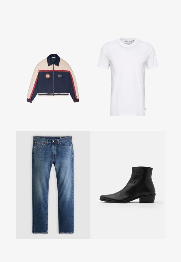 Marineblauw en beige jack met rits en rode strepen op de mouwen, kraag en tailleband; patches op de borst met de tekst "Prohibited Racing Club".; Witte korte mouwen t-shirt van katoen, met een ronde hals en een eenvoudig ontwerp. Merktag zichtbaar op het nekgebied. Geen patronen of accenten.; Blauwe spijkerbroek van denim met rechte pijpen, vijfzakkenmodel, knoop- en ritssluiting en subtiele vervaging aan de voorzijde van de dijen.; Zwarte leren enkellaars met een spitse neus, minimale stiksels, een middellange blokhak en een gladde, gepolijste afwerking.
