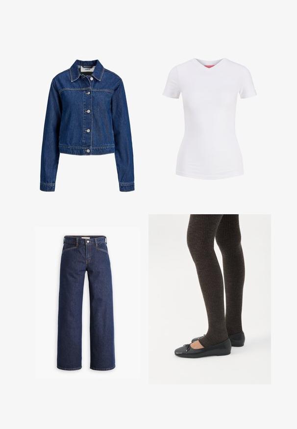 JJXX JXNORMA JACKET - Cowboyjakker - blue denim; Hvid tætsiddende T-shirt med korte ærmer og V-hals vist på en ensfarvet baggrund med frontvisning.; Mørkeblå denim jeans med høj talje, bred benklipp og diskret orange syninger. Har knap- og lynlåslukning foran.; Ben iført mørke ribbede leggings kombineret med sorte balletsko med små sløjfedetaljer på hvid baggrund.