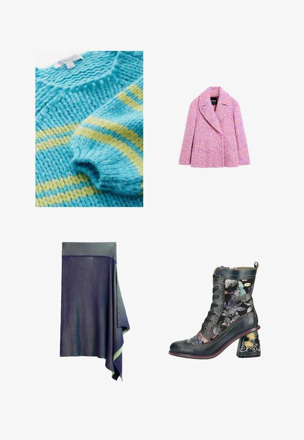 Manteau en laine à double boutonnage, tacheté de rose et de violet, avec de larges revers et de longues manches par Desigual.; Pull en tricot avec un motif texturé, featuring des rayures turquoise et jaunes. La laine épaisse donne un aspect chunky et douillet.; Jupe tricotée bleu foncé avec de très fines rayures blanches verticales et un ourlet drapé asymétrique sur un côté.; Bottine à lacets avec panneaux en tissu fleuri, garniture en cuir foncé, surpiqûres multicolores et talon bloc décoré de motifs floraux dorés.