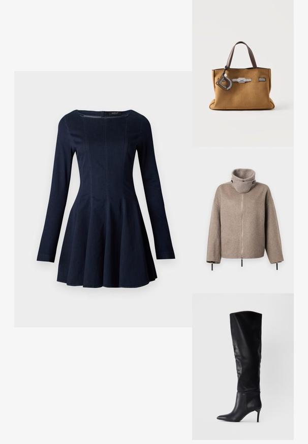 Brun uldblandejakke med en høj, ribbet krave, lynlåslukning og sorte accenter på ærmerne for en justerbar pasform.; Mørkeblå denim langærmet kjole med tætsiddende overdel og svungen nederdel, prydet med diskrete sømdetaljer og rund halsudskæring.; Sorte læderstøvler over knæet med spids tå, stiletthæl og et slankt design med en logoaccent ved anklen.; Brun ruskindtaske med mørkebrune håndtag, sølvspænde og dekorative læderdetaljer med slangeprint samt nøglering.