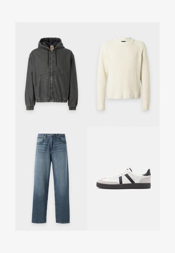 Grå denim hættejakke med lynlåslukning, elastiske manchetter og talje. Har store forlommer og et quiltet indre fôr.; Cremefarvet strikket sweater med lange ærmer, ribbede manchetter og kant, samt en rund halsudskæring på en ensfarvet hvid baggrund.; Lige ben blå denim jeans med en falmet vask, der har fem lommers design, metallisk knap og bæltestropper. Struktureret, medium vægt stof.; Hvide sneakers med sorte og grå detaljer, med en tekstureret grå tåhætte, sort gummisål og flade hvide snørebånd. Rent design, minimalistisk stil.