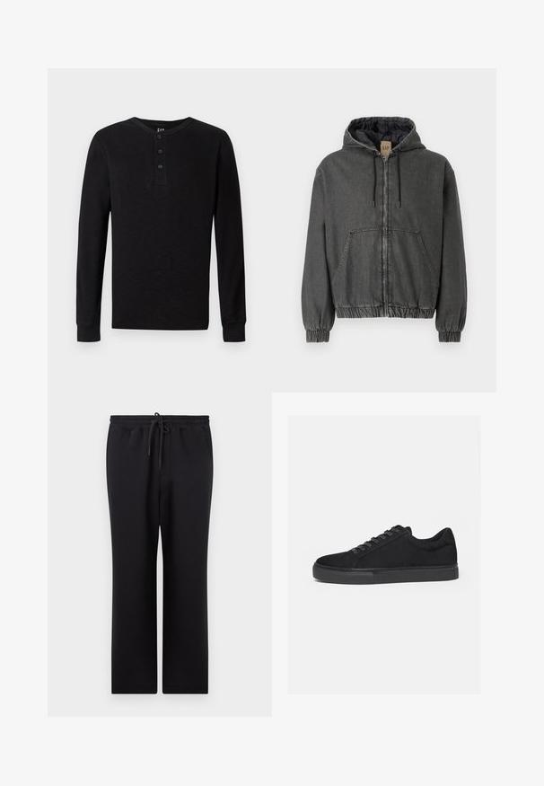 Grijze denim hoodie met een ritssluiting, elastische manchetten en een tailleband. Heeft grote voorzakken en een gewatteerde binnenvoering.; Zwarte langelijf henley-shirt met een drieknoopsluiting bij de hals, zachte textuur en geribbelde manchetten, met een klassieke pasvorm en minimalistisch ontwerp.; Zwarte joggingbroek met elastische tailleband en trekkoord, rechte pasvorm en zijzakken, weergegeven tegen een neutrale achtergrond.; Zwarte lage sneaker met veterluiting aan de voorkant en platte rubberen zool, zijaanzicht op een witte achtergrond.