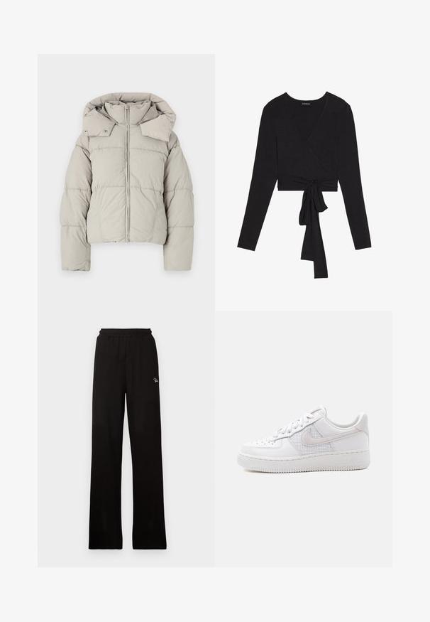 Lichtgrijze, korte pufferjas met een hoge kraag, ritssluiting, drukknoopjes en een gewatteerde textuur. Heeft brede mouwen en een capuchon.; Even&Odd Longsleeve - black; Zwarte geribde wijde broek met elastische tailleband en klein decoratief logo, met een gladde textuur en een full-length ontwerp.; Witte lage Nike Air Force 1 sneaker met witte veters, perforaties op de neusplaat en een mesh paneel achter het Nike Swoosh-logo.