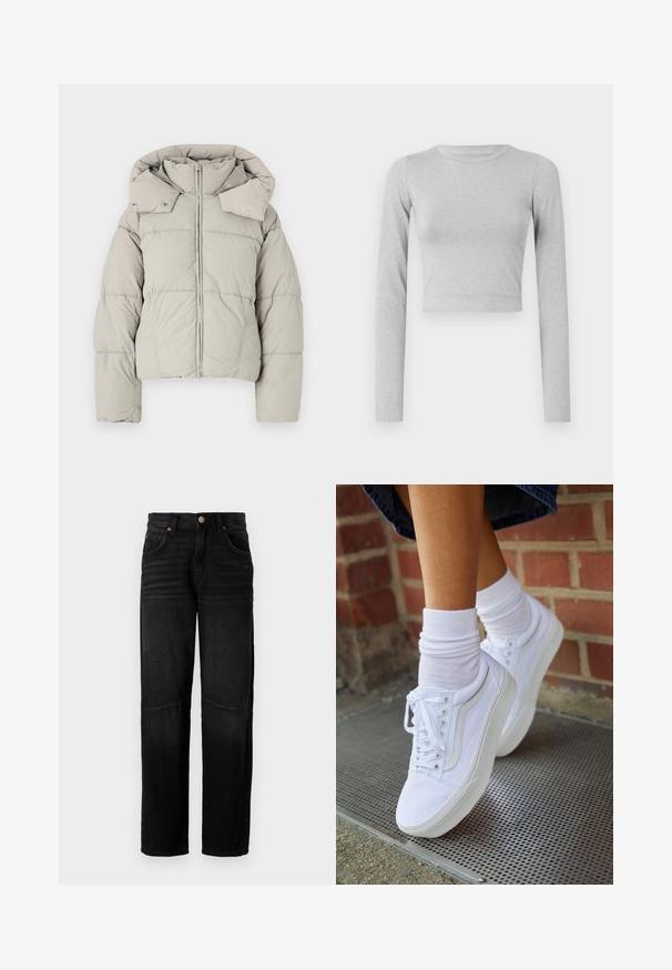 Lys grå cropped pufferjakke med høj krave, lynlåslukning, trykknapper og quiltet tekstur. Har brede ærmer og hætte.; Lys grå cropped langærmet top lavet af et strækmateriale, med en enkel rund halsudskæring og en glat tekstur.; Sorte denimjeans med lige ben, fem lommer, knaplukning og subtile falmede detaljer ved lårene og knæene.; Hvide lærreds sneakers med gummisåler, der har seks snørehuller, rund tå og let sømdetaljer, krydret med hvide ankelstrømper.