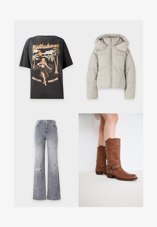 Lys grå cropped pufferjakke med høj krave, lynlåslukning, trykknapper og quiltet tekstur. Har brede ærmer og hætte.; Sort bomulds t-shirt med et farverigt grafik af en hula danser, palmetræer og teksten "Billabong" i fed skrift.; Højtaljede grå denim jeans med flagrende ben, der har slidte knædetaljer, et klassisk fem-lomme design og tonet syninger.; Brune læderankelstøvler med en let spids tå, dekorative spænder og en lav stablet hæl. Glat tekstur med en mat finish.