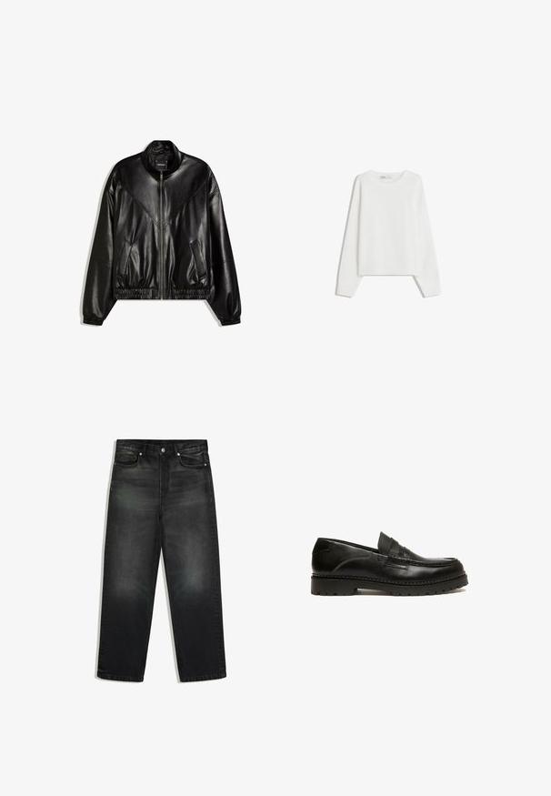 Veste bomber en similicuir noir avec fermeture éclair frontale, poignets et ourlet élastiques, et deux poches frontales inclinées.; Pull en tricot blanc avec des manches longues, un col rond, des poignets et un ourlet côtelés. Texture douce, coupe ample, sans motifs ni accents visibles.; Jean noir taille haute à jambes droites avec poches avant et fermeture par bouton métal, présenté à plat sur fond blanc.; Mocassin en cuir noir avec un design cousu, profil bas et semelle en caoutchouc texturé. Présente une large bande sur le devant et une finition lisse.