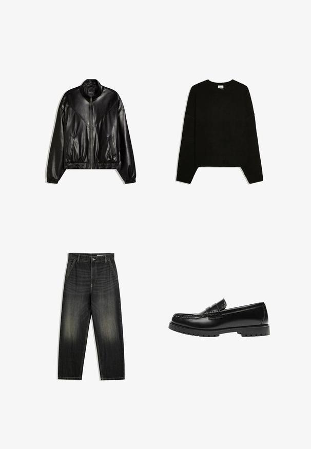 Veste bomber en similicuir noir avec fermeture éclair frontale, poignets et ourlet élastiques, et deux poches frontales inclinées.; Pull noir à manches longues en maille avec poignets, ourlet et col rond côtelés, posé à plat sur fond blanc.; Jean en denim noir délavé avec une coupe droite, poches avant, passants pour ceinture et fermeture par bouton à la taille.; Mocassin en cuir noir avec une semelle en caoutchouc épaisse et un détail classique de bride à monnaie, vu de côté extérieur.