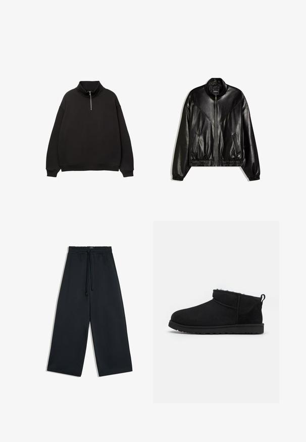 Veste bomber en similicuir noir avec fermeture éclair frontale, poignets et ourlet élastiques, et deux poches frontales inclinées.; Pull noir à manches longues avec col montant et fermeture éclair demi-devant, poignets et ourlet côtelés, sur fond blanc.; Pantalon noir à jambes larges avec une taille élastique et un cordon de serrage à l'avant, présenté sur fond blanc.; Bottines noires en daim avec une doublure douce et texturée, une semelle en caoutchouc basse et une languette à l'arrière pour un enfilage facile.