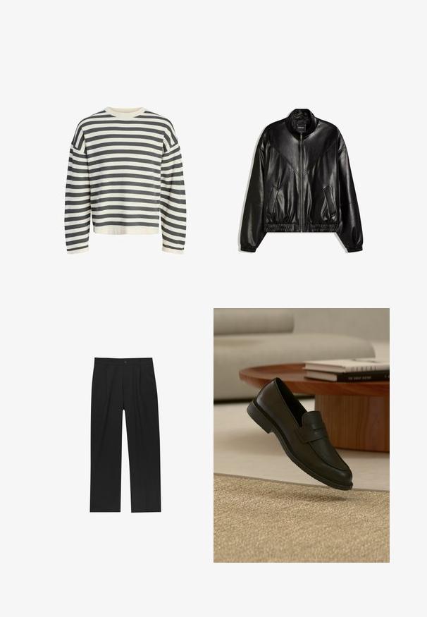 Veste bomber en similicuir noir avec fermeture éclair frontale, poignets et ourlet élastiques, et deux poches frontales inclinées.; Pull rayé en crème et gris foncé, avec un col rond côtelé, des manches longues et une coupe décontractée avec un ourlet court.; Pantalons noirs au design droit, fabriqués à partir d'un tissu lisse. Dotés de plis sur le devant et d'une fermeture à un bouton à la taille.; Chaussure mocassin en cuir noir présentée en suspension au-dessus d'un tapis beige tissé, avec une table en bois et des livres empilés dans un salon doucement éclairé.