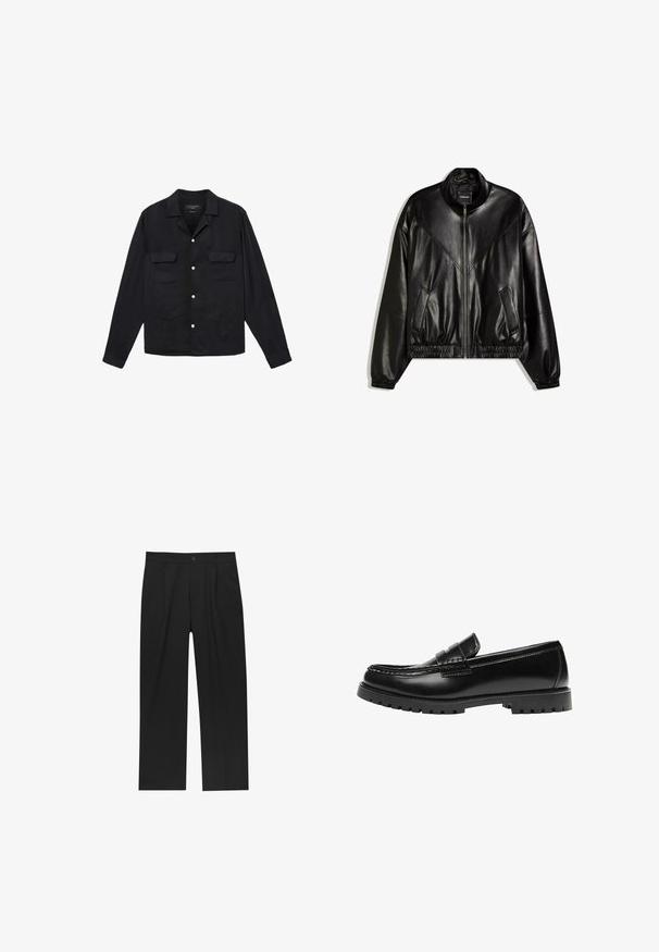 Veste bomber en similicuir noir avec fermeture éclair frontale, poignets et ourlet élastiques, et deux poches frontales inclinées.; Chemise noire à boutons avec des manches longues, deux poches poitrine et des détails de broderie florale sur le bas du devant. Texture de tissu lisse et brillant.; Pantalons noirs au design droit, fabriqués à partir d'un tissu lisse. Dotés de plis sur le devant et d'une fermeture à un bouton à la taille.; Mocassin en cuir noir avec une semelle en caoutchouc épaisse et un détail classique de bride à monnaie, vu de côté extérieur.