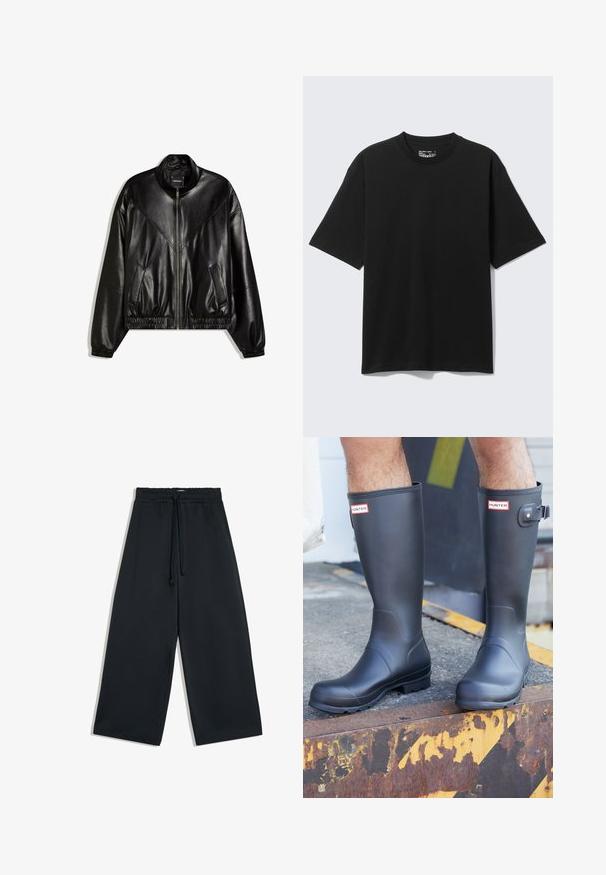 Veste bomber en similicuir noir avec fermeture éclair frontale, poignets et ourlet élastiques, et deux poches frontales inclinées.; T-shirt noir en coton à manches courtes et coupe décontractée, col rond, présenté sur un fond clair uni.; Pantalon noir à jambes larges avec une taille élastique et un cordon de serrage à l'avant, présenté sur fond blanc.; Personne portant des bottes de pluie Hunter noires se tenant sur un bord métallique rouillé avec des marquages jaunes et noirs de précaution.