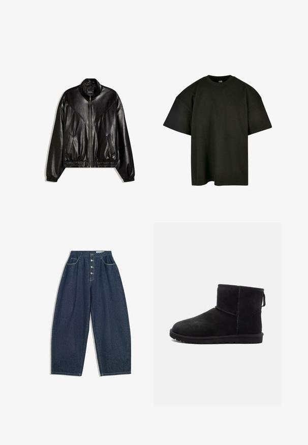 Sort bomberjakke i kunstlæder med lynlås foran, elastiske manchetter og kant samt to skrå lommer foran.; Sort oversized t-shirt i blød bomuld. Har en rund crew neckline og korte ærmer, med en glat tekstur og minimalistisk design.; Mørkeblå denim bukser med brede ben og høj talje, fem knaplukninger og fem lommer. Har stikninger som accent på sømmene.; Sort ruskind ankelstøvle med rund tå, minimale syninger, pull-tab og en tekstureret gummisål. Designet til varme og komfort.