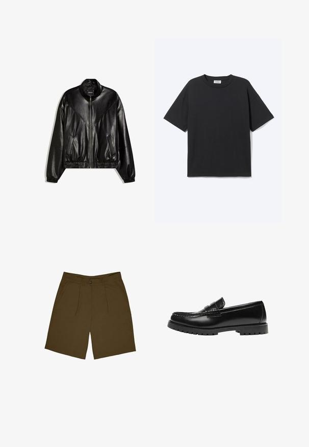 Veste bomber en similicuir noir avec fermeture éclair frontale, poignets et ourlet élastiques, et deux poches frontales inclinées.; T-shirt noir à manches courtes avec col rond, coupe décontractée, vue de face, design uni et étiquette de la marque Weekday visible à l’intérieur du col.; Shorts plissés marron avec une taille plate, deux poches latérales et une fermeture à bouton. Le tissu semble léger avec une texture lisse.; Mocassin en cuir noir avec une semelle en caoutchouc épaisse et un détail classique de bride à monnaie, vu de côté extérieur.