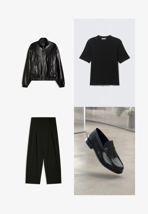 Veste bomber en similicuir noir avec fermeture éclair frontale, poignets et ourlet élastiques, et deux poches frontales inclinées.; T-shirt noir à manches courtes avec col rond, portant une étiquette "WEEKDAY" à l'intérieur du col, présenté à plat sur un fond clair.; Pantalon noir à jambes larges avec plis, passants pour ceinture et fermeture par bouton à la taille.; Mocassins en cuir noir à finition lisse, bout arrondi, coutures décoratives et semelle extérieure légèrement surélevée.