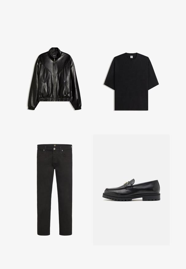 Veste bomber en similicuir noir avec fermeture éclair frontale, poignets et ourlet élastiques, et deux poches frontales inclinées.; T-shirt noir surdimensionné à col rond avec manches courtes, vue à plat sur fond blanc, étiquette Bershka visible à l'intérieur du col.; Jean noir à jambe droite avec fermeture à boutons et à zip, poches avant et arrière, et passants de ceinture, de la marque Lee.; Mocassins en cuir noir avec une finition lisse, bout rond, une sangle décorative avec des accessoires en or, et une semelle noire robuste.