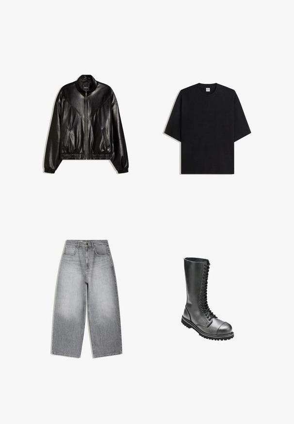 Schwarze Bomberjacke aus Kunstleder mit Frontreißverschluss, elastischen Bündchen und Saum sowie zwei schräg eingesetzten Fronttaschen.; Schwarzes, übergroßes T-Shirt mit Rundhalsausschnitt und kurzen Ärmeln, flach auf weißem Hintergrund liegend, Bershka-Etikett im Kragen sichtbar.; Hoch taillierte graue Jeans aus Denim mit weitem Bein, Vordertaschen und Knopfverschluss, flach auf weißem Hintergrund präsentiert.; Schwarze Leder-Schnürkampfstiefel mit hohem Schaft, runder Zehenpartie, gepolstertem Kragen und strukturiertem Gummisohle für besseren Halt.