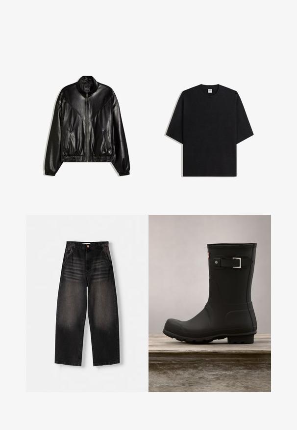 Zwarte bomberjack van imitatieleer met rits aan de voorkant, elastische manchetten en zoom, en twee schuine voorzakken.; Zwart oversized T-shirt met korte mouwen en ronde hals, plat gelegd op een witte achtergrond, met het Bershka-label zichtbaar aan de binnenkant van de kraag.; Zwarte denim wijde broek met een vervaagd ontwerp, voorzien van vijf zakken, een knoopsluiting en subtiele slijtage-details aan de voorkant.; Zwarte rubberen regenlaars met een lage hak, ronde neus en een zilveren gespaccent. Heeft een gestructureerde zool voor extra grip.