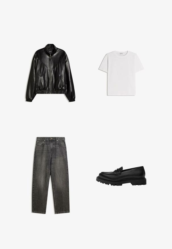 Veste bomber en similicuir noir avec fermeture éclair frontale, poignets et ourlet élastiques, et deux poches frontales inclinées.; T-shirt en coton blanc avec un col rond et des manches courtes. Présente une coupe classique et carrée, sans motifs ni accents visibles.; Jean en denim noir avec une coupe décontractée, comportant cinq poches, une fermeture à bouton et un léger délavage sur la texture du tissu.; Mocassin en cuir noir avec une semelle robuste et texturée. Présente un bord décoratif en couture et un petit talon pour un design contemporain.