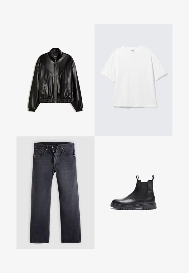 Zwarte bomberjack van imitatieleer met rits aan de voorkant, elastische manchetten en zoom, en twee schuine voorzakken.; Witte oversized T-shirt met korte mouwen, ronde hals en verlaagde schouders, plat op een lichtgrijze achtergrond.; Zwarte spijkerbroeken met een rechte pasvorm, ontwerp met vijf zakken en koperen knoopaccenten. Gladde textuur met een licht vervaagde afwerking.; Zwarte leren Chelsea boots met een gestructureerde afwerking, elastische zijkanten en trekkers. Voorzien van een chunky rubberen zool met profiel.