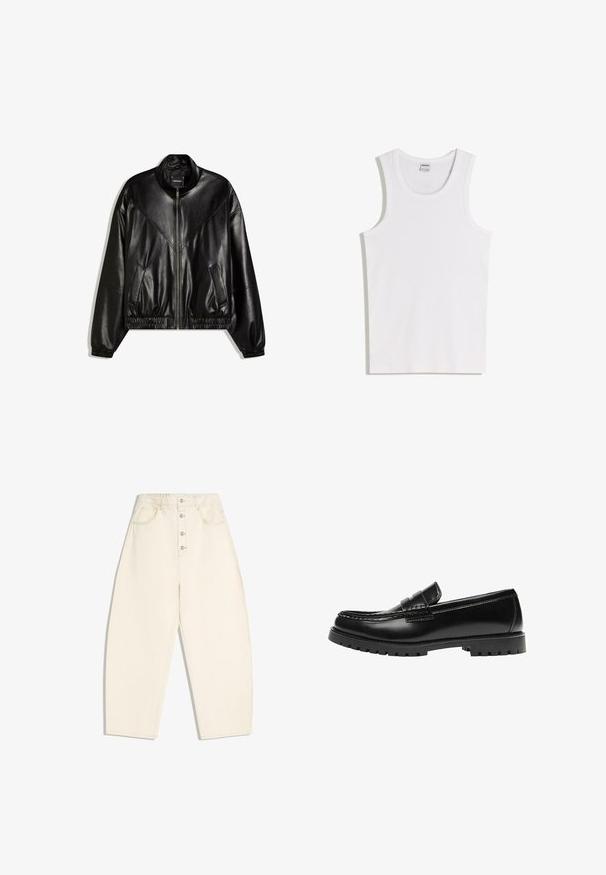 Veste bomber en similicuir noir avec fermeture éclair frontale, poignets et ourlet élastiques, et deux poches frontales inclinées.; Débardeur blanc en coton avec un col rond et de larges bretelles. Texture lisse, sans motifs ni accents, design simple.; Pantalon crème taille haute, jambes larges, fermeture à boutons à l'avant, avec poches latérales et arrière, sur fond blanc.; Mocassin en cuir noir avec une semelle en caoutchouc épaisse et un détail classique de bride à monnaie, vu de côté extérieur.