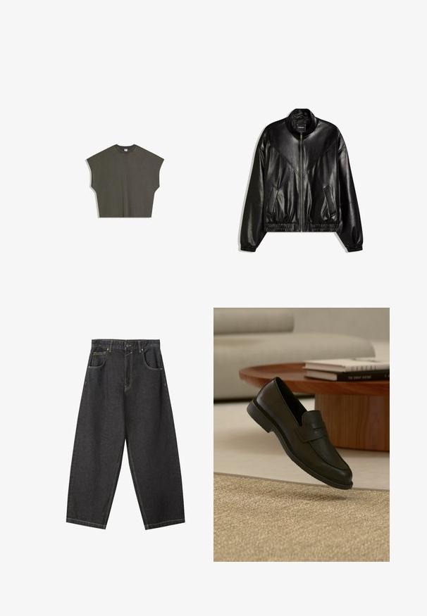 Veste bomber en similicuir noir avec fermeture éclair frontale, poignets et ourlet élastiques, et deux poches frontales inclinées.; Haut sans manches surdimensionné de couleur vert olive avec un col rond et de larges ouvertures aux bras, posé à plat sur un fond blanc.; Pantalons wide-leg en denim noir avec des coutures jaunes, un design à cinq poches et une taille mi-haute. Tissu texturé avec une finition lisse.; Chaussure mocassin en cuir noir présentée en suspension au-dessus d'un tapis beige tissé, avec une table en bois et des livres empilés dans un salon doucement éclairé.