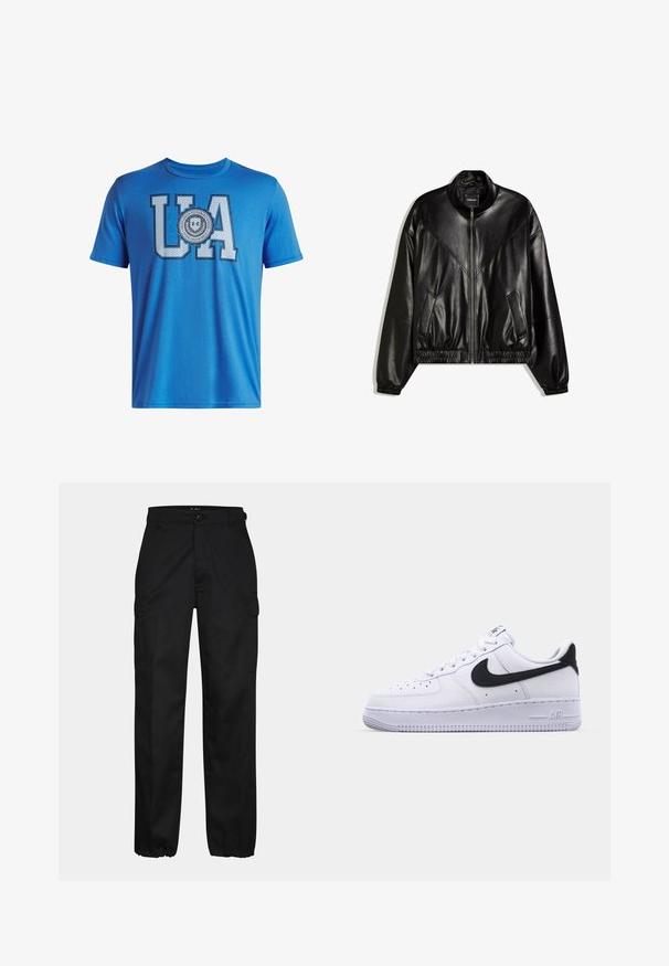 Sort bomberjakke i kunstlæder med lynlås foran, elastiske manchetter og kant samt to skrå lommer foran.; Blå bomulds t-shirt med store "UA" bogstaver og et cirkulært mærke design nedenunder. Korte ærmer og rund halsudskæring. Glat tekstur.; Sorte cargo bukser med lige pasform, der har sidelommer, knaplukning og elastiske manchetter ved anklerne. Fremstillet af slidstærkt stof.; Hvide lædersneakers med en struktureret sort Swoosh, flade snørebånd og en gummisål med et rillemønster. "AIR" er præget på hælen.