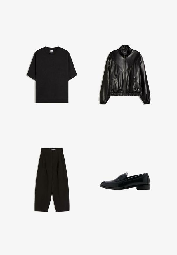 Veste bomber en similicuir noir avec fermeture éclair frontale, poignets et ourlet élastiques, et deux poches frontales inclinées.; T-shirt noir à manches courtes avec col rond et bord-côte au col et à l'ourlet, devant uni, présenté sur un fond blanc.; Pantalon noir à jambes larges en tissu doux, avec un devant plissé, une fermeture à boutons et des poches latérales pour plus de fonctionnalité.; Mocassin en cuir noir avec un talon bas, un bout rond et un détail classique de bride à penny sur le dessus.