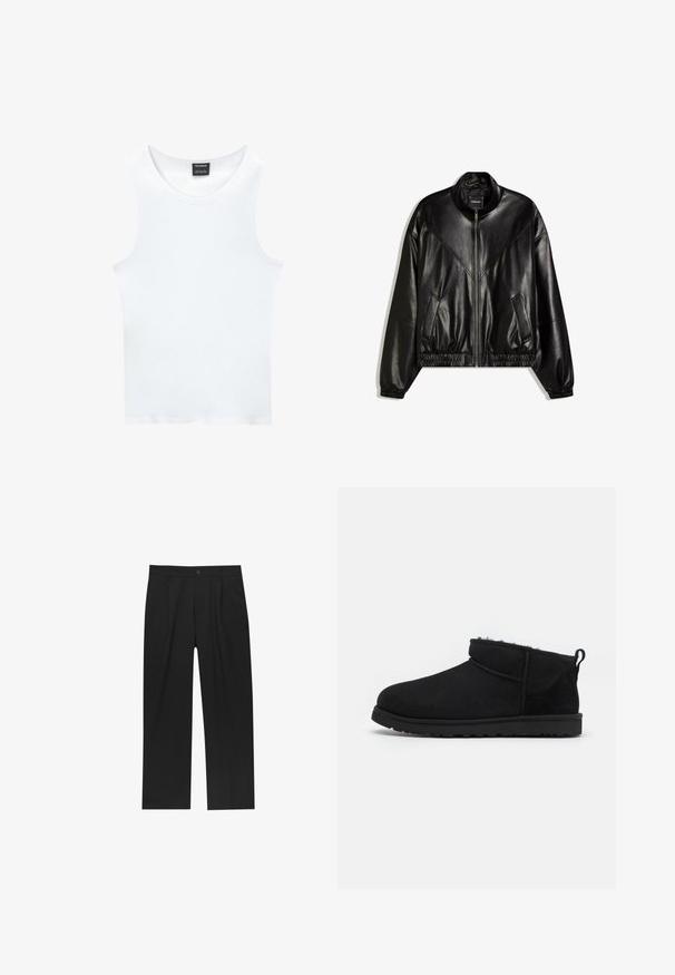Veste bomber en similicuir noir avec fermeture éclair frontale, poignets et ourlet élastiques, et deux poches frontales inclinées.; Débardeur blanc sans manches en coton côtelé. Présente un col rond et une texture lisse. L'étiquette indique "PULL&BEAR."; Pantalons noirs au design droit, fabriqués à partir d'un tissu lisse. Dotés de plis sur le devant et d'une fermeture à un bouton à la taille.; Bottines noires en daim avec une doublure douce et texturée, une semelle en caoutchouc basse et une languette à l'arrière pour un enfilage facile.
