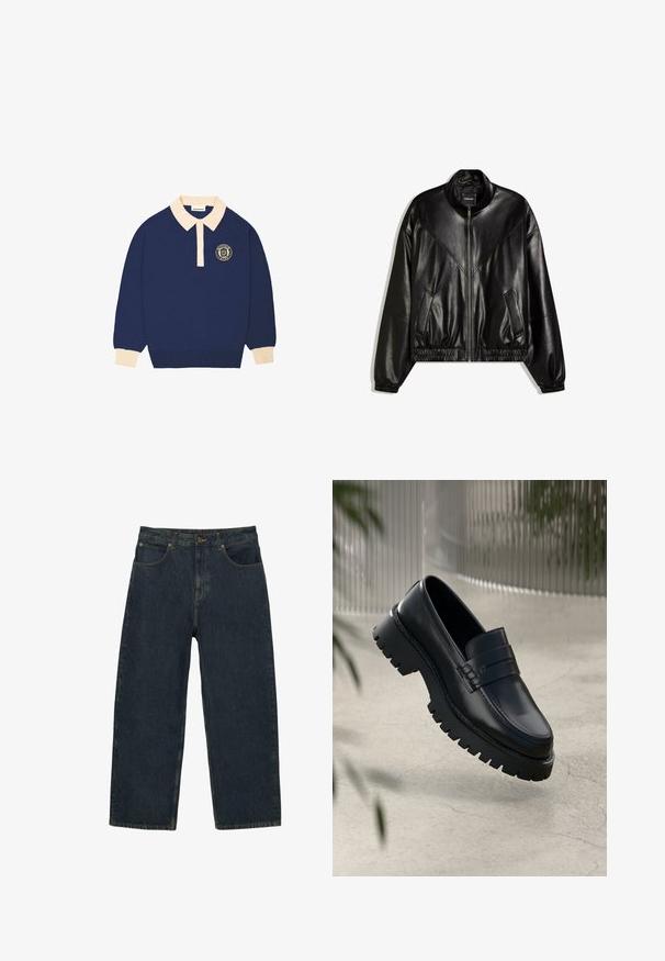 Sort bomberjakke i kunstlæder med lynlås foran, elastiske manchetter og kant samt to skrå lommer foran.; Langærmet navy blå polo shirt med beige krave og manchetter, udstyret med et rundt emblem med tekst på venstre bryst.; Mørkeblå højttaljede denimjeans med lige ben, forlommer, knaplukning og synlige sømme.; Sorte læder loafers med en chunky sål, der har en dekorativ rem og syninger. Glat tekstur med en poleret overflade.
