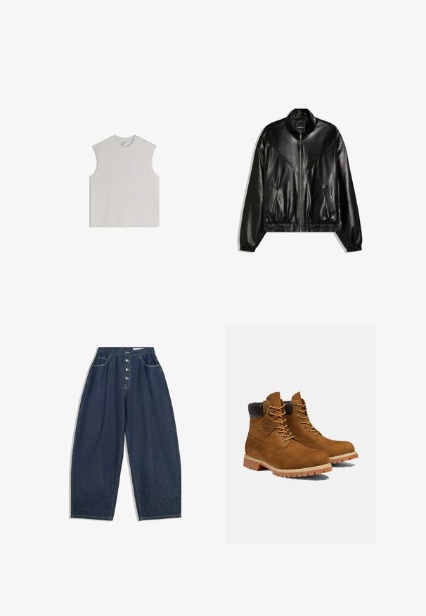 Veste bomber en similicuir noir avec fermeture éclair frontale, poignets et ourlet élastiques, et deux poches frontales inclinées.; Débardeur sans manches gris clair en coton doux, doté d'un col rond, d'une coupe décontractée et d'un design minimaliste sans ornements.; Pantalons en denim bleu foncé à jambes larges avec une taille haute, fermeture à cinq boutons et cinq poches. Présente des accents de couture sur les coutures.; Bottines en daim marron avec un col rembourré noir, œillets dorés et semelle en caoutchouc épais avec un motif à crampons pour l'adhérence.