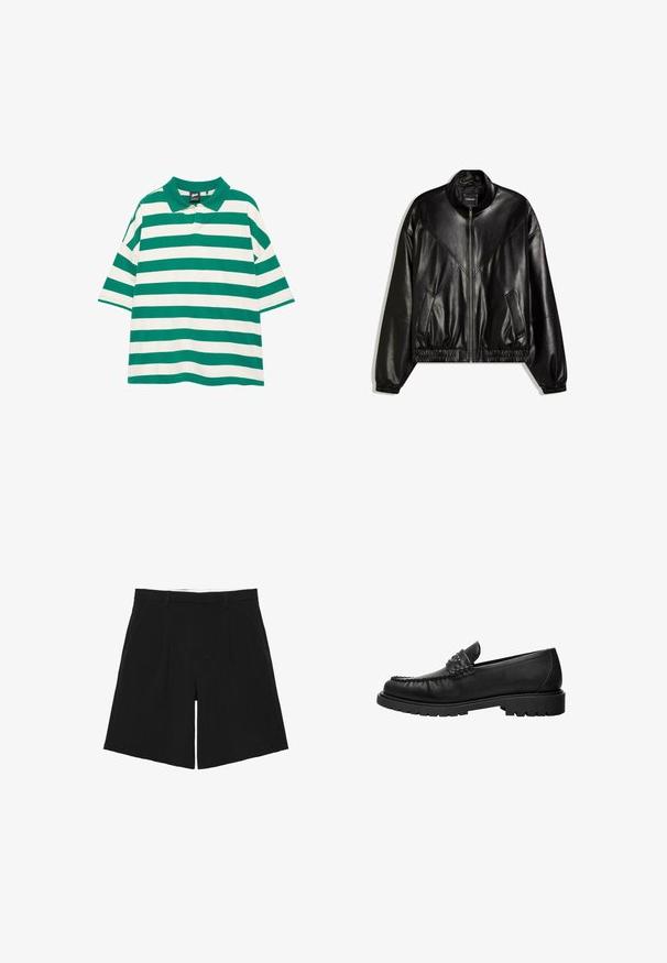 Veste bomber en similicuir noir avec fermeture éclair frontale, poignets et ourlet élastiques, et deux poches frontales inclinées.; Polo à larges rayures horizontales vertes et blanches, avec col et manches courtes, sur fond blanc.; Short noir sur mesure avec passants de ceinture, plis devant et poches latérales, posé à plat sur un fond blanc.; Mocassin en cuir noir avec dessus cousu, détail de bride cloutée et semelle épaisse à crampons, présenté en profil latéral sur fond blanc.