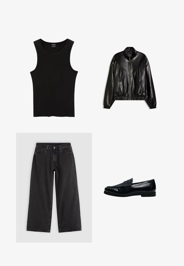 Veste bomber en similicuir noir avec fermeture éclair frontale, poignets et ourlet élastiques, et deux poches frontales inclinées.; Débardeur noir à côtes avec un col rond et de larges emmanchures, fabriqué à partir d'un tissu doux et extensible. Étiquette : Pull&Bear.; Jean en denim noir à jambes larges avec poches avant, passants pour ceinture et fermeture par boutons, présenté sur un fond clair uni.; Mocassin penny loafer pour homme en cuir noir avec bout moc cousu et petit talon, présenté de profil sur fond blanc.