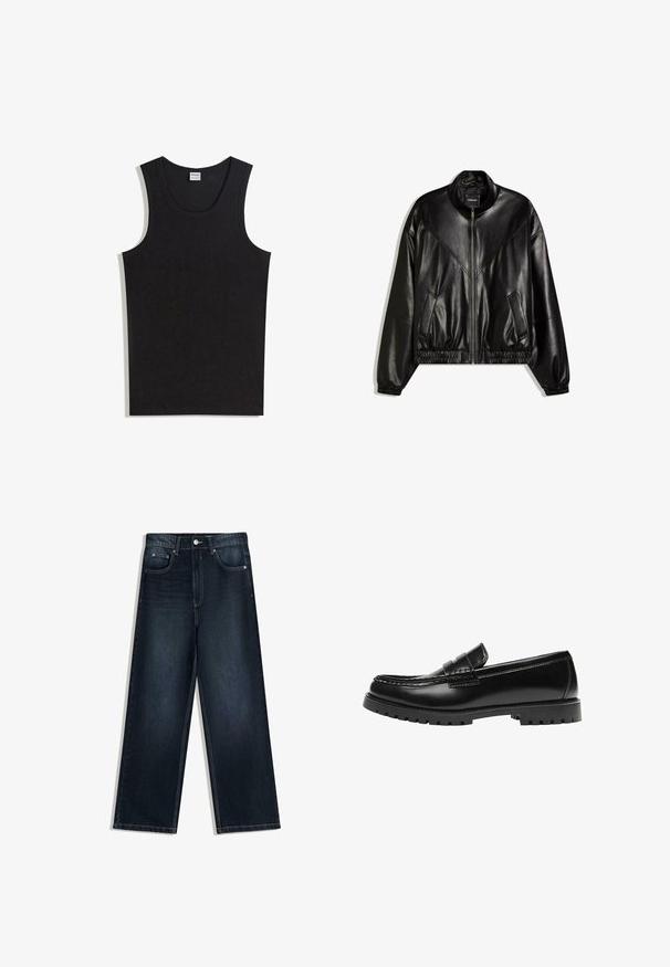 Veste bomber en similicuir noir avec fermeture éclair frontale, poignets et ourlet élastiques, et deux poches frontales inclinées.; Débardeur noir en coton, doté d'un col rond et d'une coupe sans manches. Texture lisse sans motifs ni accents visibles.; Jean en denim foncé à jambes larges avec une texture lisse, doté d'une fermeture à boutons sur le devant, de cinq poches et de détails de couture contrastants.; Mocassin en cuir noir avec une semelle en caoutchouc épaisse et un détail classique de bride à monnaie, vu de côté extérieur.
