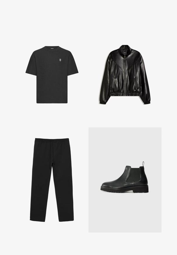 Schwarze Bomberjacke aus Kunstleder mit Frontreißverschluss, elastischen Bündchen und Saum sowie zwei schräg eingesetzten Fronttaschen.; Schwarzes T-Shirt mit kurzen Ärmeln aus strukturiertem Stoff, mit Rundhalsausschnitt und einem dezenten, gestickten Logo auf der Brust.; Schwarze Sweatpants mit geradem Bein, elastischem Bund und Kordelzug, entworfen für den lässigen Tragekomfort.; Schwarze Leder Chelsea-Stiefel mit elastischem Seitenpanel, runder Zehenpartie, strukturiertem Sohlenprofil und kleiner Zuglasche an der Ferse.