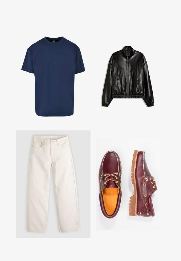 Veste bomber en similicuir noir avec fermeture éclair frontale, poignets et ourlet élastiques, et deux poches frontales inclinées.; T-shirt en coton bleu marine avec un col rond et des manches courtes. Texture lisse et coupe décontractée, idéal pour un style décontracté.; Jeans droit couleur blanc cassé avec cinq poches, passants pour ceinture, fermeture par bouton et coutures visibles sur un fond clair.; Chaussures en cuir bourgogne avec semelles en caoutchouc marron, bout rond, couture blanche et œillets dorés. L'intérieur présente une doublure jaune.
