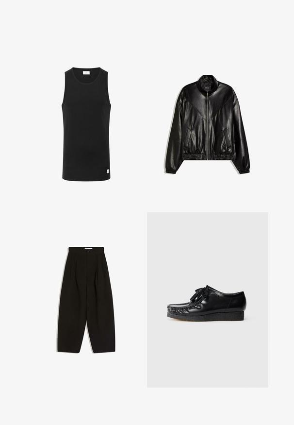 Schwarze Bomberjacke aus Kunstleder mit Frontreißverschluss, elastischen Bündchen und Saum sowie zwei schräg eingesetzten Fronttaschen.; Schwarzes ärmelloses Tanktop aus geripptem Stoff, mit rundem Ausschnitt und einem kleinen Logolabel am Saum. Einfaches, figurbetontes Design.; Schwarze, weit geschnittene Hosen aus weichem Stoff, mit plissiertem Vorderteil, Knopfverschluss und Seitentaschen für zusätzliche Funktionalität.; Schwarze Lederschuhe mit einer runden Zehenform, Schnürverschluss und einer strukturierten schwarzen Plateausohle, die dekorative Nähte entlang der Kanten aufweist.