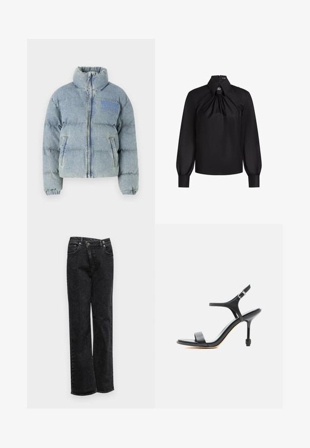 Veste en duvet bleu clair avec col montant, fermeture éclair et deux poches latérales. Présente un matériau en denim légèrement texturé et un logo.; Blouse noire avec un col structuré, de longues manches bouffantes et un détail froncé à l'avant. Fabriquée en tissu lisse et léger avec une fermeture éclair.; Jean en denim noir avec une coupe droite, comportant une fermeture à bouton, cinq poches, une texture subtile et des ourlets non extensibles.; Sandale à talon haut en cuir noir avec fines lanières, bout ouvert et boucle réglable à la cheville, présentée sur un fond blanc uni.