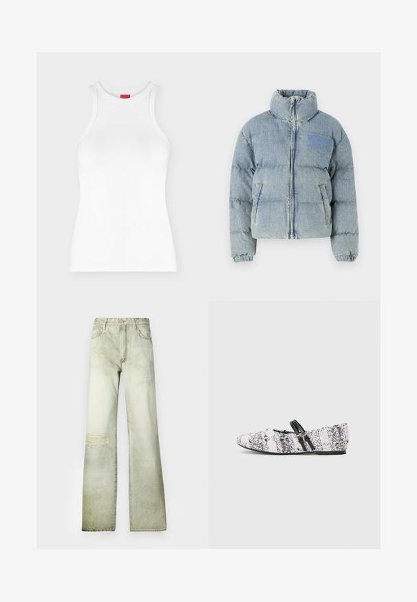 Veste en duvet bleu clair avec col montant, fermeture éclair et deux poches latérales. Présente un matériau en denim légèrement texturé et un logo.; Débardeur côtelé blanc sans manches avec col montant et coupe ajustée, présenté sur un fond clair uni.; Jeans en denim vert pâle avec une taille haute, une coupe large et des patches usés. Dotés d'une fermeture à bouton et de cinq poches.; Chaussure plate avec un dessus en tissu texturé multicolore rose, blanc et noir. Deux straps noirs à l'avant, sans talon.