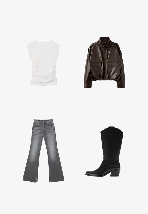 Veste en cuir marron foncé avec col montant, fermeture éclair devant, pattes d'épaule boutonnées et deux grandes poches à rabat sur le devant.; Haut blanc sans manches avec encolure ronde et fronces latérales subtiles, présenté à plat sur un fond blanc.; Jean en denim gris délavé avec taille haute, bouton à l'avant et fermeture éclair, doté de jambes évasées larges et de poches avant et arrière.; Botte western en cuir noir mi-mollet avec bout pointu et talon bloc superposé, avec languette de tirage et coutures décoratives discrètes.