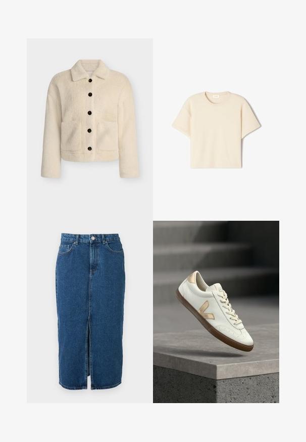 Fleecejacke in Creme mit Kragen, Frontknopfverschluss und zwei aufgesetzten Taschen. Mit schwarzen Knöpfen und einer strukturierten, weichen Oberfläche.; Kurzärmeliges T-Shirt mit Rundhalsausschnitt in Cremeton, gefertigt aus strukturiertem Stoff. Verfügt über eine lockere Passform und keine sichtbaren Muster oder Akzente.; Midilanger blauer Denimrock mit mittigem Frontschlitz, Gürtelschlaufen, Vordertaschen und Knopfverschluss in der Taille.; Weißer Ledersneaker mit goldfarbenen Akzenten, strukturierter Gummisohle und klassischer Schnürung. Die Seite zeigt ein markantes "V"-Logo in einem beigefarbenen Ton.