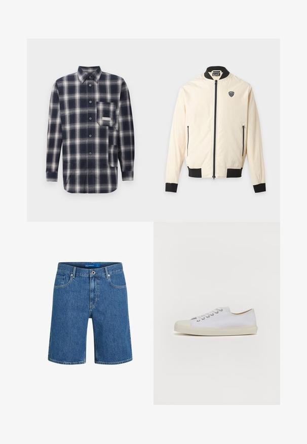 Hellbeige Bomberjacke mit schwarzem Kragen, Bündchen, Saum, Frontreißverschluss, seitlichen Reißverschlusstaschen und kleinem EA7-Logo auf der Brust.; Flanellhemd im dunkelblauen und hellgrauen Karomuster. Hat einen Kragen, eine Knopfleiste und eine Brusttasche auf der linken Seite. Weicher Stoff.; Blaue Jeansshorts mit geradem Schnitt, fünf Taschen und sichtbaren Nähten. Verfügt über einen vorderen Knopfverschluss und ein Taillenband-Label.; Weißes Leinenschuh mit runder Zehenpartie, flacher cremefarbener Gummisohle, sechs Ösen für die Schnürsenkel und dezenten Nähdetails auf dem Obermaterial.