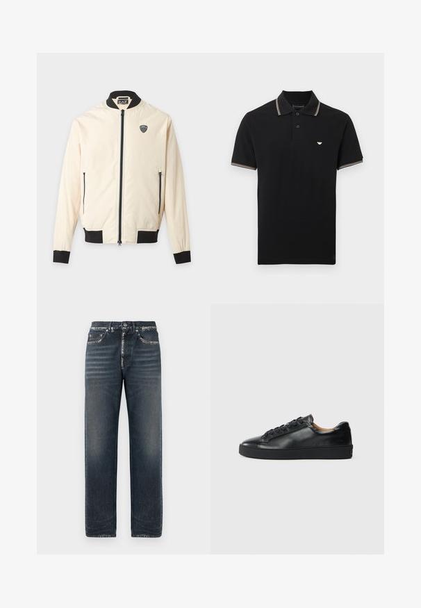 Hellbeige Bomberjacke mit schwarzem Kragen, Bündchen, Saum, Frontreißverschluss, seitlichen Reißverschlusstaschen und kleinem EA7-Logo auf der Brust.; Schwarzes Poloshirt mit kurzen Ärmeln, Zwei-Knopf-Leiste, weißen und beigen Streifen am Kragen und an den Ärmelsäumen sowie kleinem weißem Logo auf der linken Brust.; Dunkelblaue Denim-Jeans mit entspannter Passform, dezent ausgewaschen, mit geradem Bein und klassischem Fünf-Taschen-Design.; Schwarze Leder-Sneaker mit glatter Textur, runder Zehenpartie und Schnürverschluss. Verfügt über eine dicke Gummisohle und minimalistische Marken-Details.
